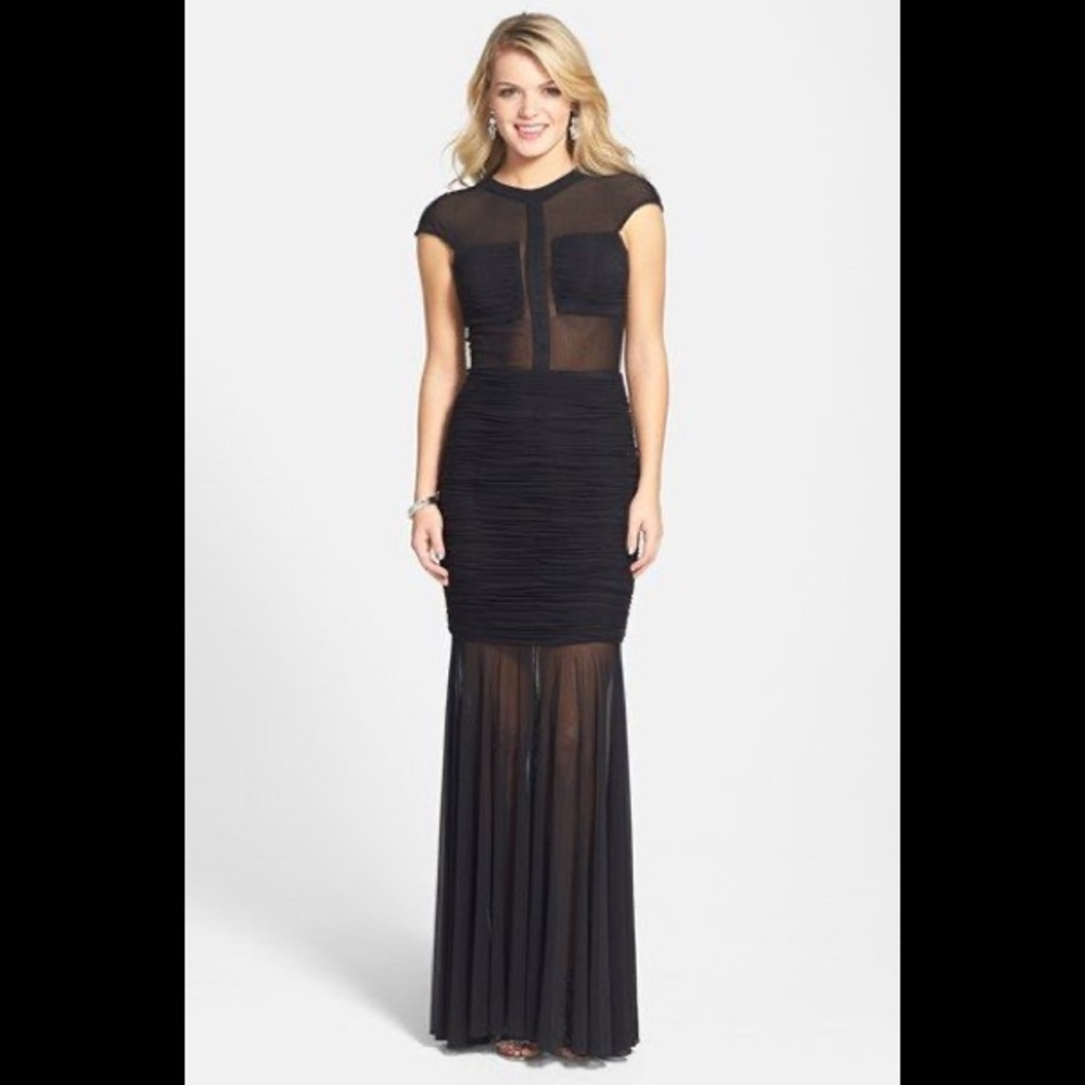 Terani Couture Ruched Sheer Panel Trumpet Dress